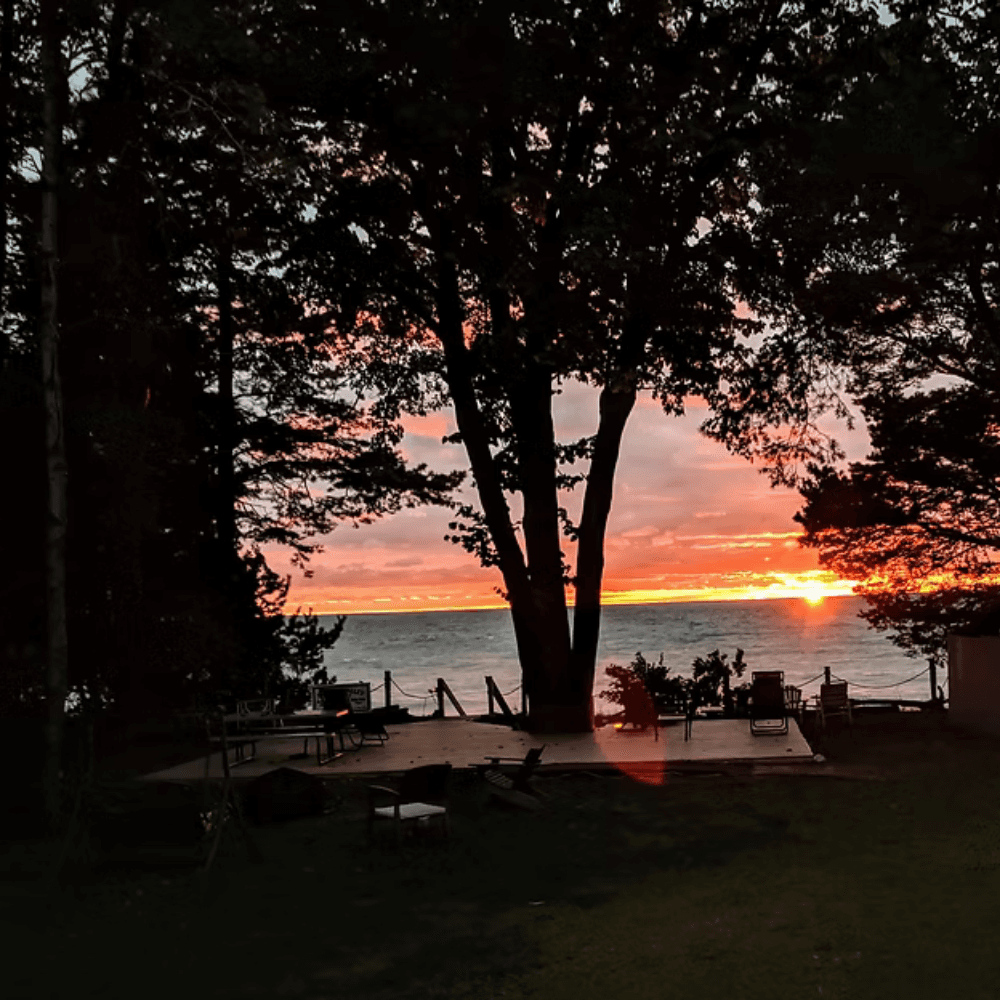 A scenic sunset view over a lake framed by trees.
