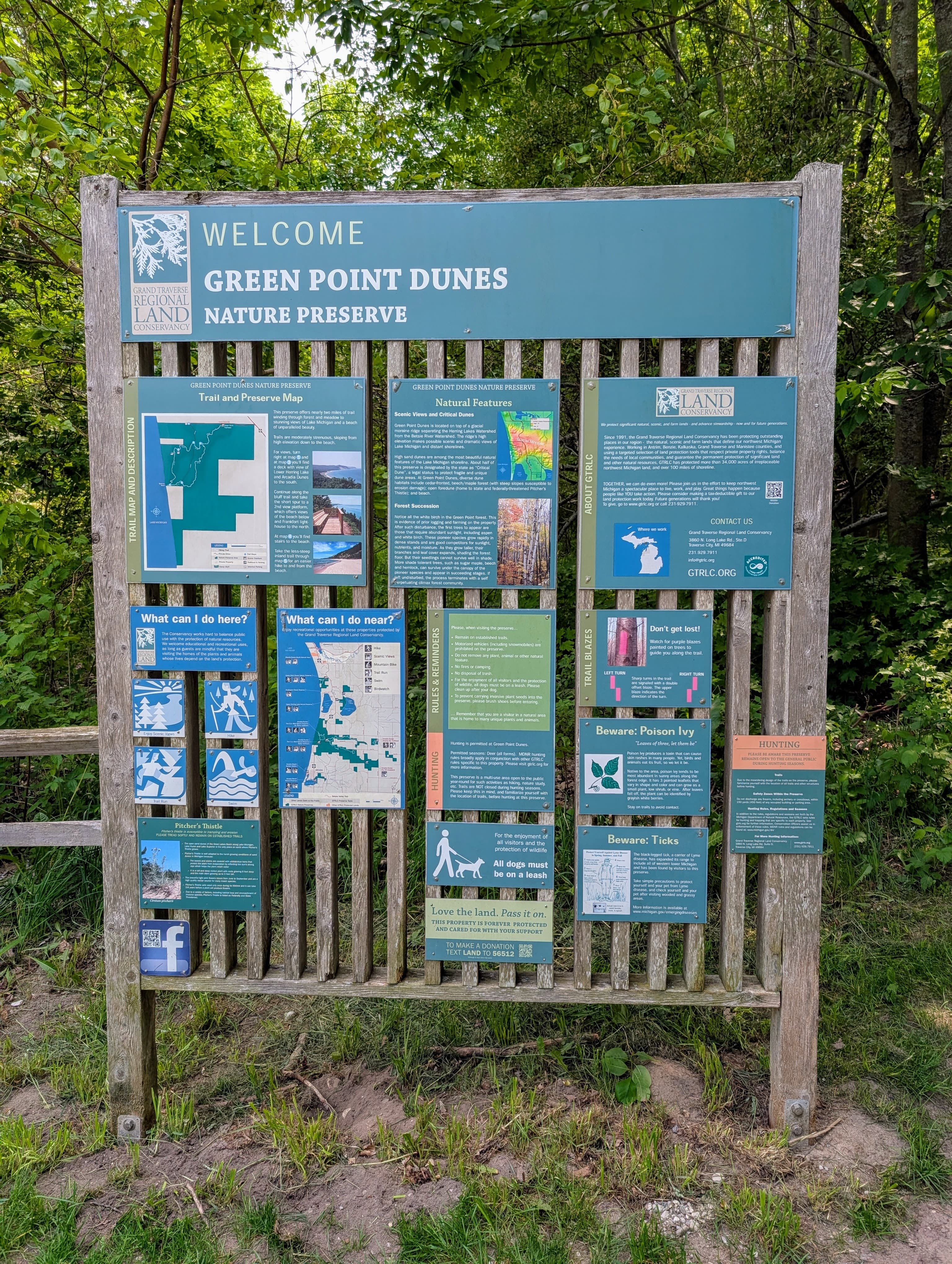 Welcome signboard for Green Point Dunes Nature Preserve, featuring maps and information on activities and local features.