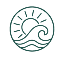 A minimalist illustration of a sun rising over stylized waves inside a circular frame.