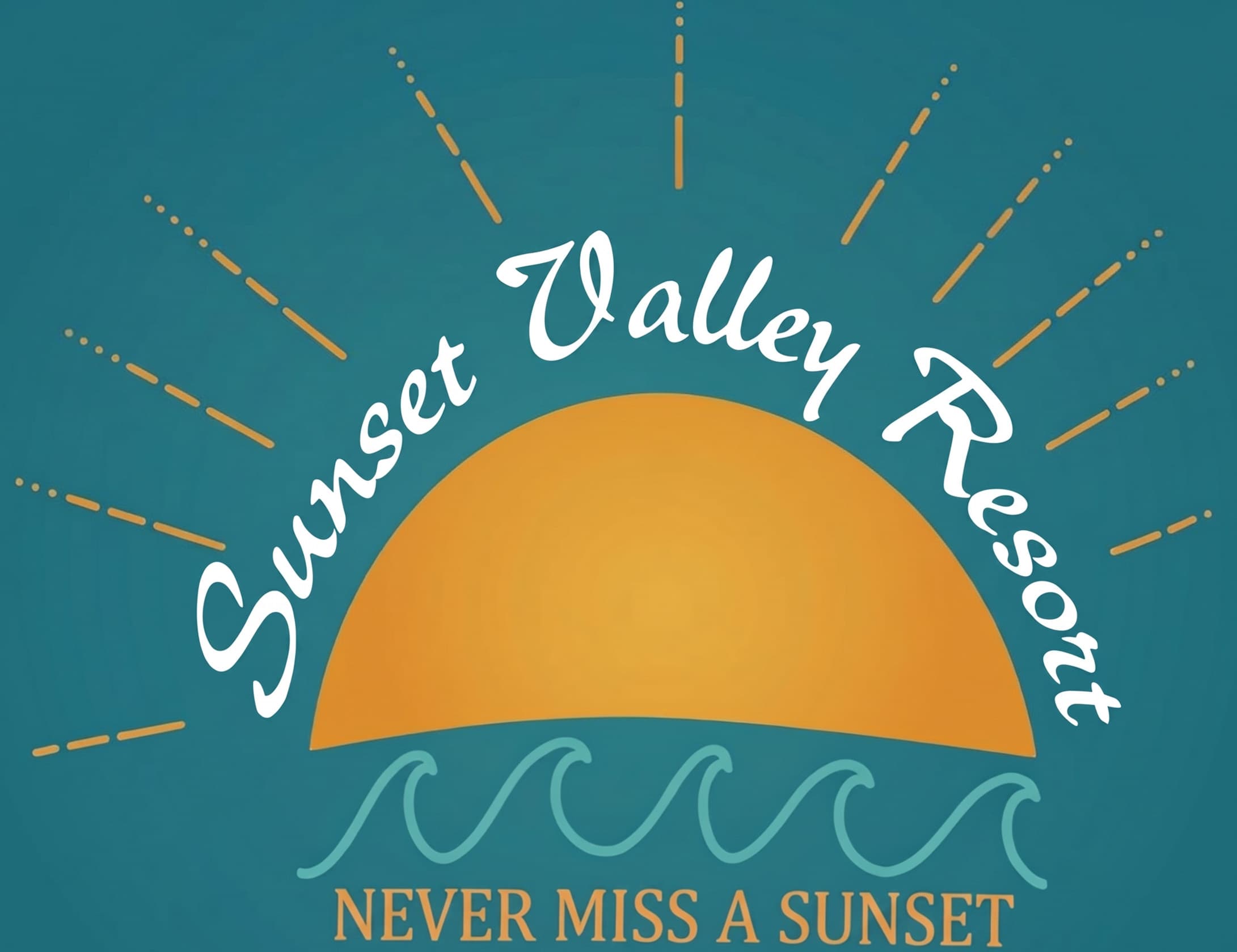 Logo for Sunset Valley Resort featuring a sun and waves with the tagline "Never Miss a Sunset."