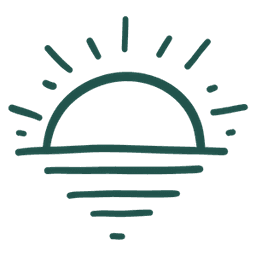 A simple line drawing of a sun rising above the horizon with rays extending outward.