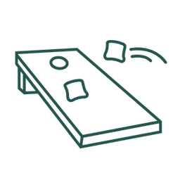 Illustration of a cornhole board with bean bags in mid-air above it.